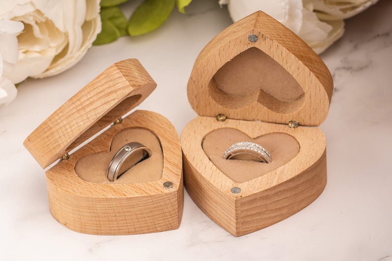 Strova Heart Shaped Wooden Ring Box for Wedding Rings â€“ Set of 2 with Engraved Mr. & Mrs. Lettering â€“ Ring Bearer Box for Display or Personal Organizer â€“ Protective Ring Cushions and Magnetic Closure - Image 2